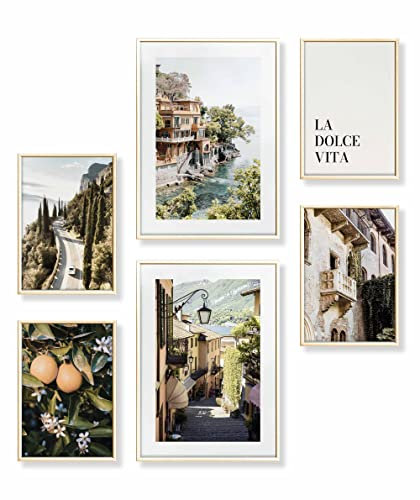 Heimlich® Premium Poster Set mit Bilderrahmen Aluminium Gold | 2 x DIN A3 & 4 x DIN A4 - ca. 30x42 & 21x30 | Stilvolle Poster Collagen mit passenden Bilder als Wanddeko » Italien Orange Meer «