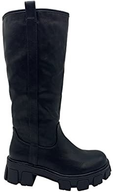 Generico Stivali Donna Bassi Biker Boots Motociclista Stivaletti Fibbie Anfibi Nero Moda Suola Alta carrarmato