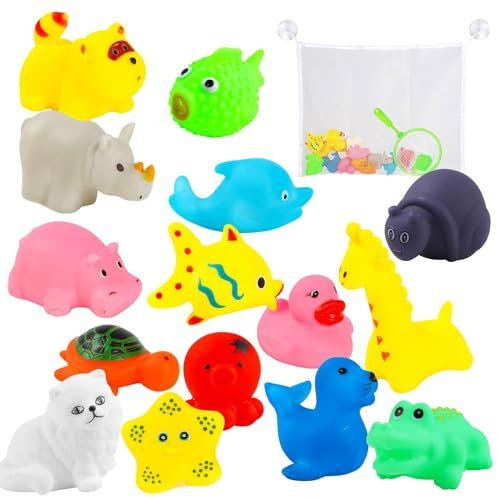 SULOLI 17pcs Jouet de Bain, Jouet à Emmener à la Plage - Petit Animal en Caoutchouc Flottant( Petit Canard, Girafe, Lapin, Crocodile, Tortue, etc.) et Sac de Rangement