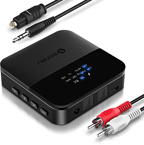 SONRU Emetteur et Recepteur Bluetooth 5.0, Bluetooth Adaptateur Audio Transmetteur Optique Digital et Adaptateur RCA Audio 3.5mm, Affichage d'état LED, Double Appairage, 20M Distance