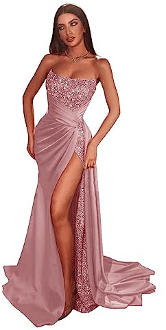 Tsbridal Robe de bal à paillettes en satin avec fente fendue, robe de soirée formelle, longue robe d'invitée de mariage avec train, Rose poudré-b, 44