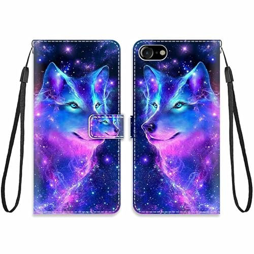 KARTXITAI Hülle Kompatibel mit iPhone SE 2020/8/7,Leder Handyhülle mit Kartenfach Geld Slot Ständer PU Ledertasche Wallet Flip Magnetische Muster Schutzhülle-Wolf,bunt