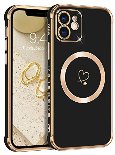 DOMAVER Case for iPhone 12 Case [Compatible with mag-safe] Luxury Gold Heart Design Slim Shockproof Soft TPU Cover for Girls Women Men,Protective Magnetic Phone Case for iPhone 12 6.1inch,Black