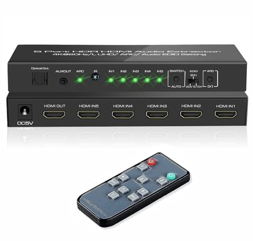 iArkPower 5 in 1 Out 4K@60Hz HDMI Switch Audio Extractor with Optical & 3.5mm Out, HDMI 2.0 Audio Splitter Support ARC, HDR 10, HDCP 2.2, 18Gbps, Dolby Vision Atmos