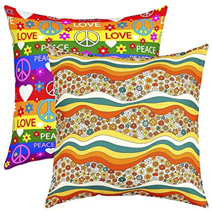 Loussiesd Groovy Blume Kissenbezüge 2er Set Retro Floral Boho Kopfkissenzug für Home Wohnzimmer Dekor Reversible 70S Hippie Blumen Bohemian Dekorative Wurf Kopfkissenzug Kissenbezug 60x60cm