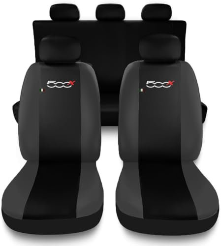 Susy Shop Coprisedili Auto Compatibili Per 500X Set Coprisedile Anteriori e Posteriori Con Logo Ricamato Compatibile Con Airbag (Nero/Grigio Scuro)
