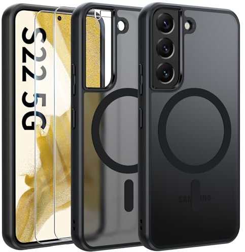 Opkiegrn Magnetisch HandyHülle Kompatibel mit Samsung Galaxy S22 5G Kompatibel mit MagSafe mit 2 Schutzfolie, Vollständiger Kameraschutz, Stoßfest Dünn Durchscheinende Matt SchutzHülle (Schwarz)