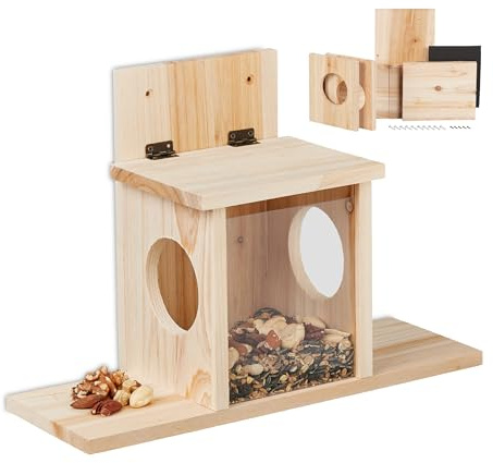 Relaxdays Comedero para Ardillas DIY, Casa Alimentadora para Montar, Madera, 2 Entradas y Plataforma, Colgante, Natural