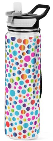 Mnsruu Rainbow Dots Wasserflasche mit Strohhalm, 1 Liter, Sportflasche, Tritan, BPA-frei, klare Trinkflasche für Erwachsene, Outdoor, Schule, Fitnessstudio, Reisen