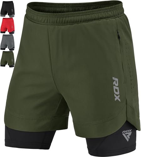 RDX Laufhose Herren kurz, 2 in 1 Running Kompressions Shorts, Trainingsshorts mit 2 Zipper und 2 Telefon Tasches, Laufshorts Am Besten für Sports Fitness Workout Joggen Schwimmen Gym Radfahren Yoga
