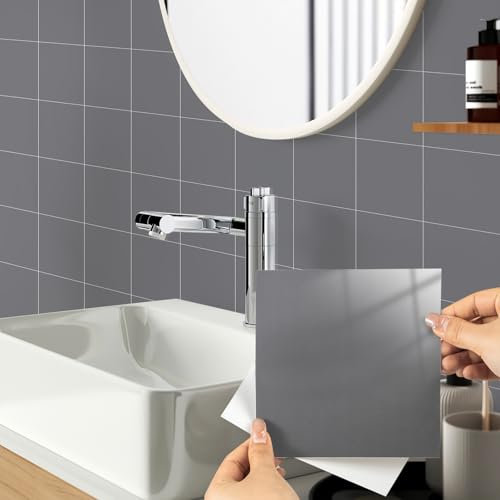 Hode 50 Pezzi Adesivi per piastrelle 15x15cm, Puro Grigio Effetto Lucido Piastrelle Adesive da Parete, PVC Impermeabili e Autoadesivo per cucina e bagno