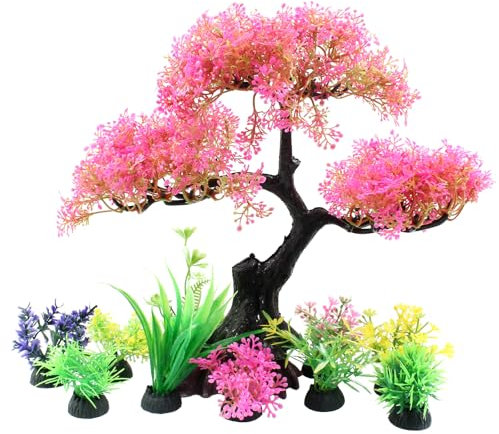 Piutouyar Lot de 10 plantes artificielles en plastique, cerisier rose et herbe artificielles pour décoration d'aquarium, décoration d'aquarium artificielle, décoration d'aquarium réaliste
