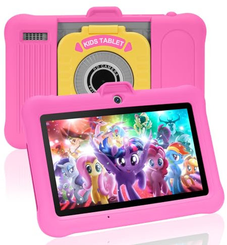 TABTIVI Tablette Enfants 7 Pouces Android, RAM 8 (3+5) Go, ROM 64 Go (TF 128 Go), GMS Certified, Apps Pré-Installé, Éducative, Contrôle Parental, WiFi, Kid-Proof Étui avec Support réglable (Rose)