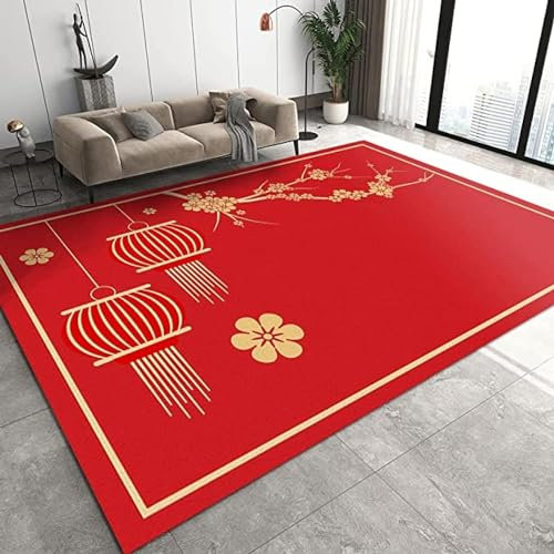 Sxakswol Teppich Wohnzimmer 120x170 cm Chinesischer Stil 3D Teppich Rot Küche Esszimmer Schlafzimmer Teppich Kurzflor rutschfest Waschbar Teppiche Weich Pflegeleicht a235