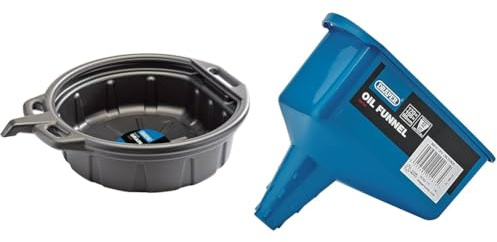 Draper 23258 Fluid Drain Pan, 16L, 450mm Ø, Black & 30910 Oil Funnel, Blue, One Size