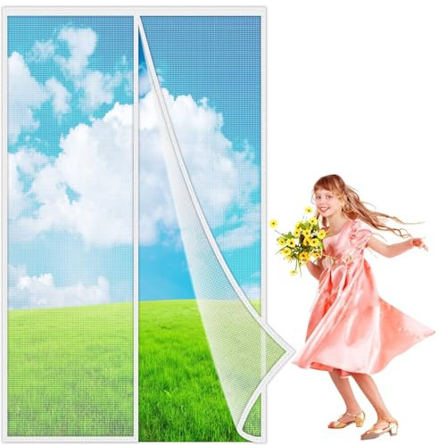 Fly Catcher Paper 80x235 cm, Screen Doors with Magnets Mesh Curtain Full Frame Hook&Loop, for Front Door Apartments and More, Hands Free White, Reinforced