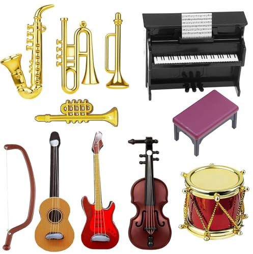 Miniatur Zubehör, 11 Stück Puppenhaus Mini Musikinstrument Modell,Mini Puppenhaus Musikinstrument,Miniatur Puppenhaus Set, 1:12 Klavier E-Gitarre Miniatur Geige Trompete Saxophon für Mini Musikzimmer