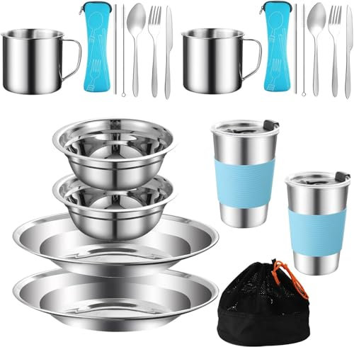 20PCS Camping Besteck Set Edelstahl Utensilien für 2-3 Personen Camping Geschirr Mess Kit beinhaltet Platte Schüssel Cup Löffel Gabel Messer mit Mesh Tasche für Backpacking