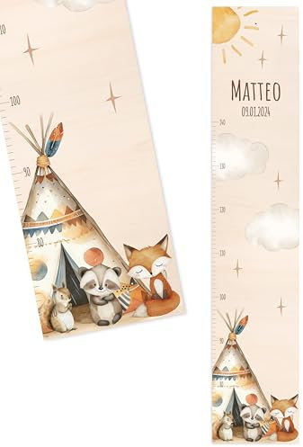 Bärenfreunde® - Personalisierte Messlatte Kind Holz zum Kleben oder Aufhängen - Skala 70-140cm - Süße Dekoration für Baby- & Kleinkinderzimmer (Kinder 70-140cm, Zelt Tiere)