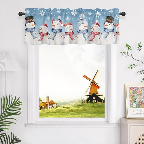 CORLIF 1 Stück Scheibengardinen Blickdicht Kurzstores Modern Küchengardinen für Weihnachten Fenstergardinen mit Schneemannmuster Breite/Höhe 230/45 cm, Blau