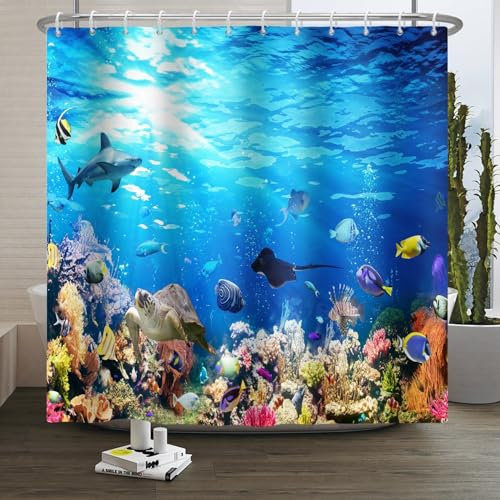 Xiaoterna Meeresleben Duschvorhang 3D Unter dem Meer Meerestiere Badvorhang Ozean Unterwasser Fisch Delfin Schildkröte Hai Waschbar Duschvorhang Schimmel und schimmelpilzbeständiger Stoff 240x180cm