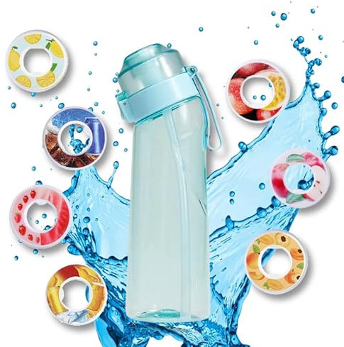 Générique Air Gourde, avec 7 Pods, 650ML, Bouteille d'eau parfumée, Gout Fruité, Écologique, Sans BPA, Capsules de Saveur, Sport, Enfant, Paille, Cola, Pomme, Fraise, ... Set up Pack (Bleu)
