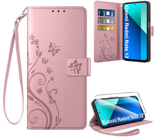Coiwxmoi Cover per Xiaomi Redmi Note 13 4G + 1 Vetro Temperato, Retro Design Premium in Pelle PU Portafoglio Custodia Slot per Schede Flip Cover per Redmi Note 13, Oro Rosa