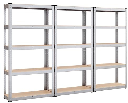 SONGMICS Schwerlastregal, 3er Set, Kellerregal, Lagerregal, 30 x 75 x 150 cm, Regal mit Stahlgestell, bis 650 kg belastbar, 5 verstellbare Ablagen, silbern GLR030E03