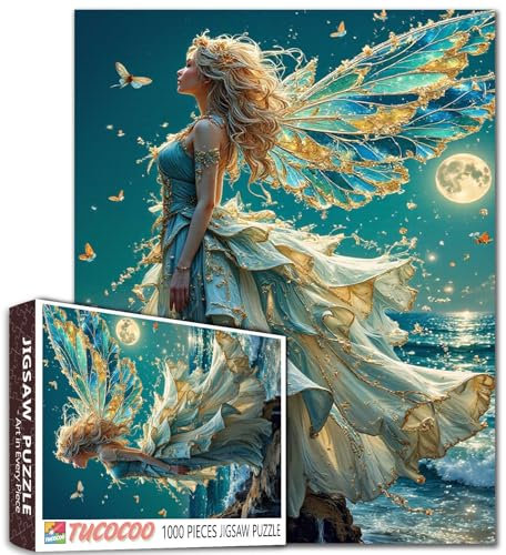Tucocoo Moonlit Ocean Fairy Puzzle für Erwachsene, 1000 Teile, Fee mit goldenen Flügeln - Fantasy-Nacht-Puzzle, Kunst, Familienspiele, DIY herausforderndes Puzzle, Geschenk für Frauen, Teenager