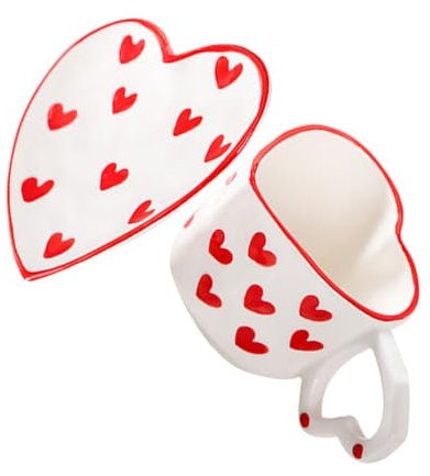 FUNNETOYU Heart Shaped Ceramic Mug Saucer Cute Coffee Cup Women for Valentine Day Birthdays and Anniversaries Underglaze Design
