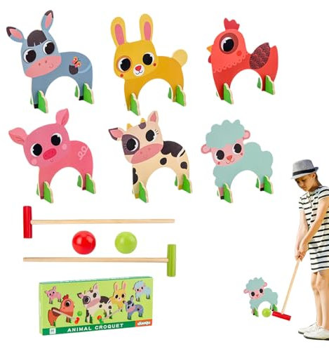 Ensembles de Croquet avec poignées, Ensemble de Croquet en Bois avec Animaux Dessin animé avec guichets et balles, Jouets Sport interactifs et Mignons pour la Famille Parent-Enfant