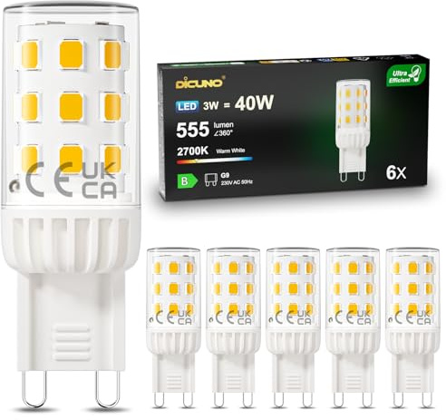 DiCUNO G9 LED Warmweiß, 3W, 555lm, Energieeffizienzklasse B, 6er Pack | G9 LED Lampe ersetzt 40W Leuchtmittel, 2700K, Flimmerfrei, nicht dimmbar, für Deckenleuchten, Wandleuchten, Spiegelleuchten