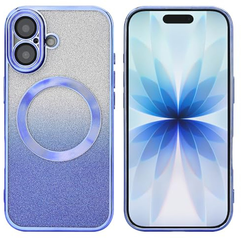 Ship N Shop — Glitter Gradient Case for iPhone 17 Series – Transparent Anti-Yellowing Cover with Electroplated Luxury Edges, Magnetic Wireless Charging Support (Blue, iPhone 17)