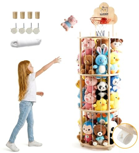 YUZINO Caja de almacenamiento de 3 niveles para juguetes de peluche de madera con ruedas y canasta de baloncesto, 175 cm, gran soporte para juguetes de peluche con cuerdas elásticas para habitación
