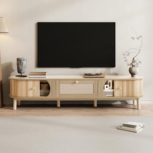 BTM TV Cabinet – TV stand with solid natural wood doors and rattan drawers. Natural storage solutions for a rustic atmosphere, Natural