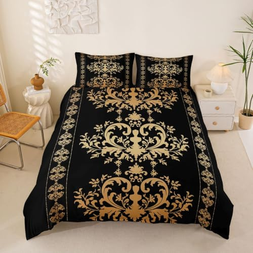 Homemissing Jacquard Vintage Damask Bettwäsche Set 135x200cm Gold Schwarz Druck Damask Muster Bettwäsche-Set für Jungen Mädchen Jugendliche Bettbezug Romantisch Blumenmuster Luxus mit 1 Kissenbezug