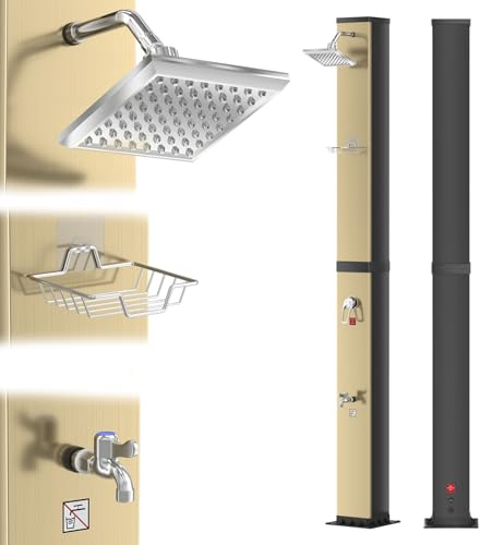 LZQ Solardusche 40L Gartendusche Solar mit integriertem Thermometer & Fußdusche, Pooldusche 60°C Warmwasser ohne Strom, Außendusche mit schwenkbarer Regenduschkopf & Gartenschlauch-Anschluss, Gold