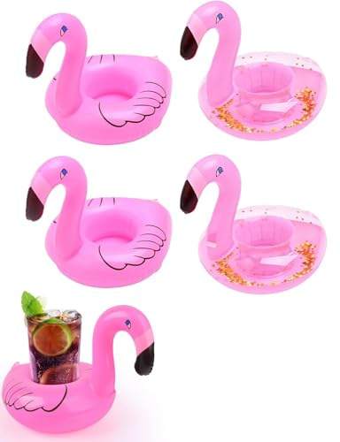 LONZIKP Flamingo Getränkehalter 4er Set – Aufblasbare Schwimmuntersetzer (2X Glitzer) für Pool Party Deko