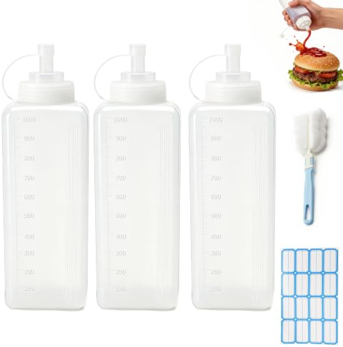 ChengJunXin 3 Stück 1000ml Quetschflasche,Plastik Soßenflaschen mit Kappen | squeeze flasche & Bürste.auslaufsicher & frischhaltend.BPA-frei.Perfekt für Ketchup,Saucen,Öle & Malwasser.