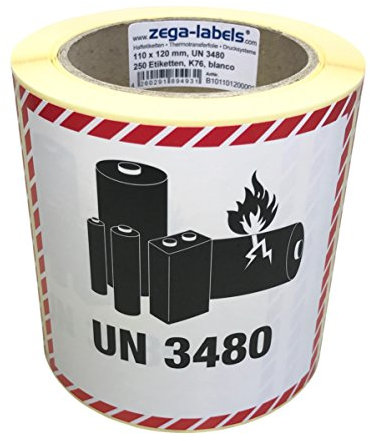 Gefahrgutetiketten auf Rolle - UN 3480 - Lithium-Ionen-Batterien - ohne Telefonnummer/zum selbstbedrucken - 250 Stück je Rolle - 120 x 110 mm - Haftpapier - Kern 76 mm für Industriedrucker