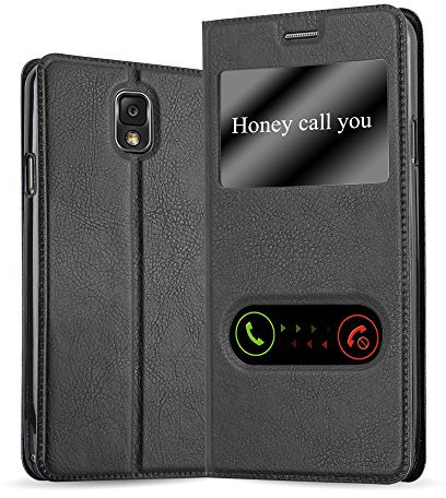 cadorabo Coque pour Samsung Galaxy Note 3 en Noir COMÈTE - Housse Protection avec Stand Horizontal et Deux Fenêtres - Portefeuille Etui Poche Folio Case Cover