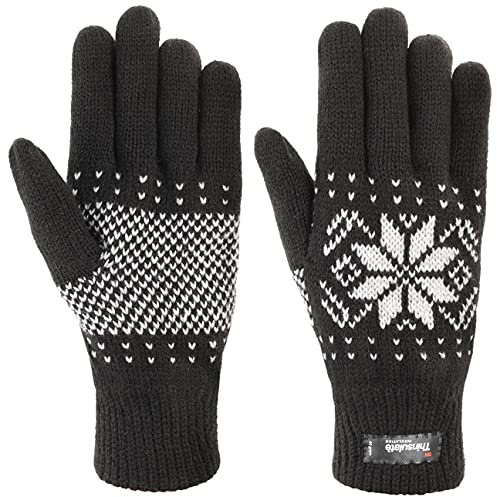 Lipodo Snowflake Thinsulate Handschuhe Damen/Herren - Strickhandschuhe gefüttert - Mit weichem Fleecefutter - Schneeflocken-Muster - Herbst/Winter schwarz XL