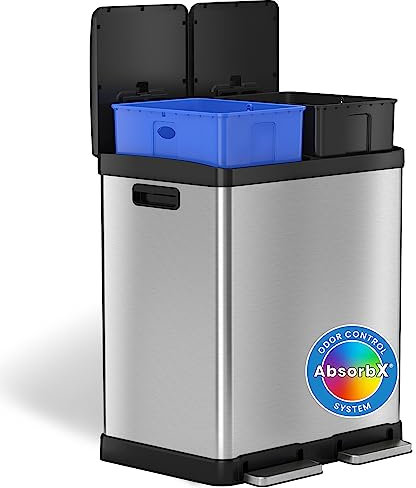 iTouchless SoftStep Abfalleimer und Recyclingbehälter mit Aktivkohlefilter-Deodorierern, Edelstahl, 2 x 30 l herausnehmbare farbcodierte Eimer, sanft schließend und luftdicht verschließbar
