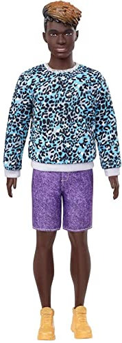 Barbie GHW69 Ken Fashionistas Puppe 153 (Dreadlocks) mit türkisem Pullover im Leopardenmuster