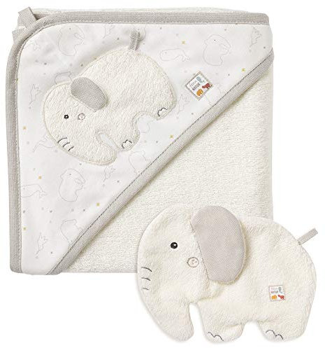 Fehn 056396 Bade-Set Elefant fehnNATUR – Bade-Set Handtuch & Waschlappen mit Bio-Baumwolle (kbA) – mit Tiermotiv für fröhlichen Badespaß – für Babys und Kleinkinder ab 0+ Monaten