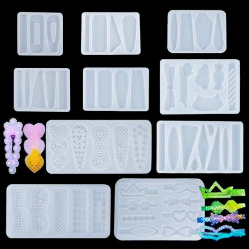 FineInno 10Pcs Haarspangen Epoxidharz Formen,Hair Clip Resin Mold,Haarklammern Kristal Silikonform, Gießform DIY Schmuck Anhänger DIY Basteln