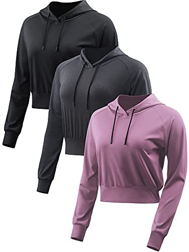 Cadmus Damen Casual Langarm Crop Top Sweatshirt Hoodies zum Laufen 1er oder 2er Pack - Schwarz - Mittel