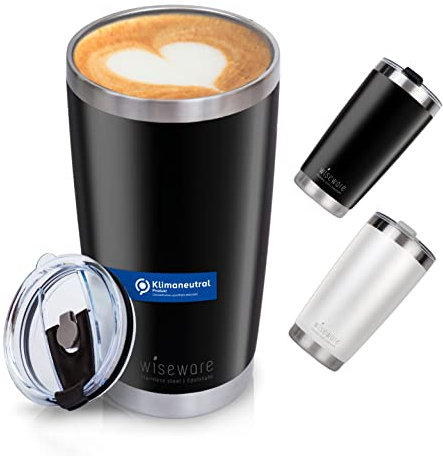 wiseware Edelstahl Kaffeebecher - Thermo Trinkbecher 600 ml aus Metall - travel mug - BPA frei - Doppelwandiger Isolierbecher, Coffee To Go Becher für Kaffee & Tee (schwarz, 1 Stück)
