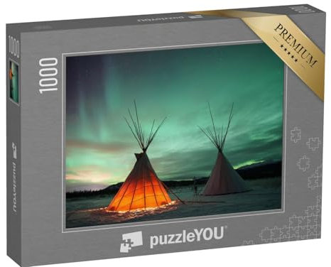 puzzleYOU: Puzzle 1000 Teile „Indianer Tipies unter dem Nordlicht in Whitehorse, Yukon (Kanada)“ – aus der Puzzle-Kollektion Natur, Kanada