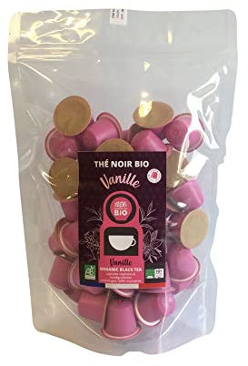 CAPSUL&BIO Thé Noir Bio Vanille - Compatible avec les machines à Capsules Nespresso - Pochette de 50 Capsules Biodégradables, 100% Végétales - Rapide et Sain - Fabriqué en France.